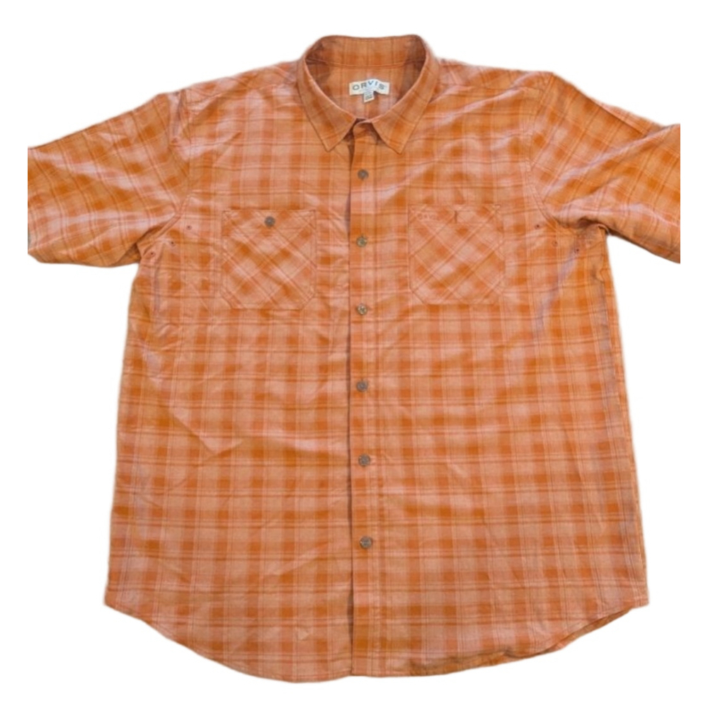 Men's Orvis Orange & White Plaid Casual Button Down Fishing Shirt XL